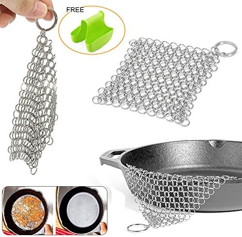 Cast Iron Cleaner/Stainless Steel Chainmail Scrubber-8x6Inch More Efficient Stainless Steel Chainmail Scrubber,Stainless Steel 316L Iron Cleaner With One Silicone Sink Caddy (8x6)