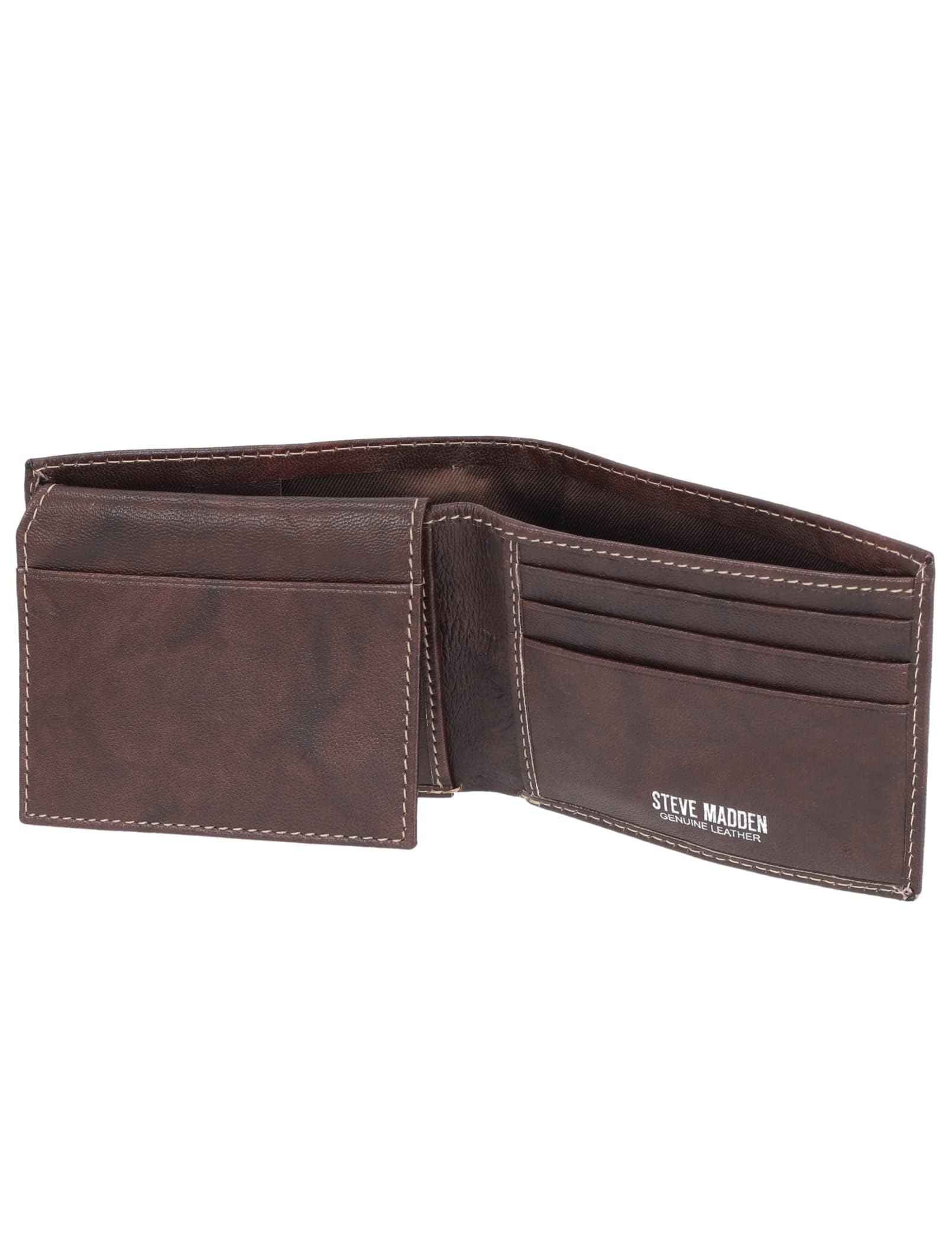 Steve Madden Men's Slim Leather Wallet with Extra Capacity Attached Flip Pockets