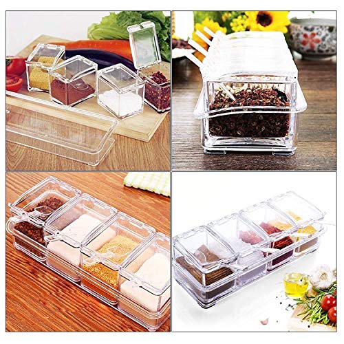 Clear Spice Rack Spice Pots - 4 Piece Acrylic Seasoning Box - Storage Container Condiment Jars - Cruet with Cover and Spoon - Spice Salt Container Sugar Storage Organizer