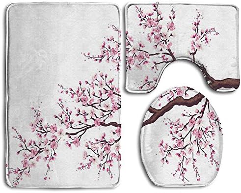 Guiping Branchof A Branching Of Sakura Tree Flowers 桜 春テーマアート バスルームラグマット3点セット 面白いバスルームラググラフィックバスルームセット 滑り止めトイレマットセット
