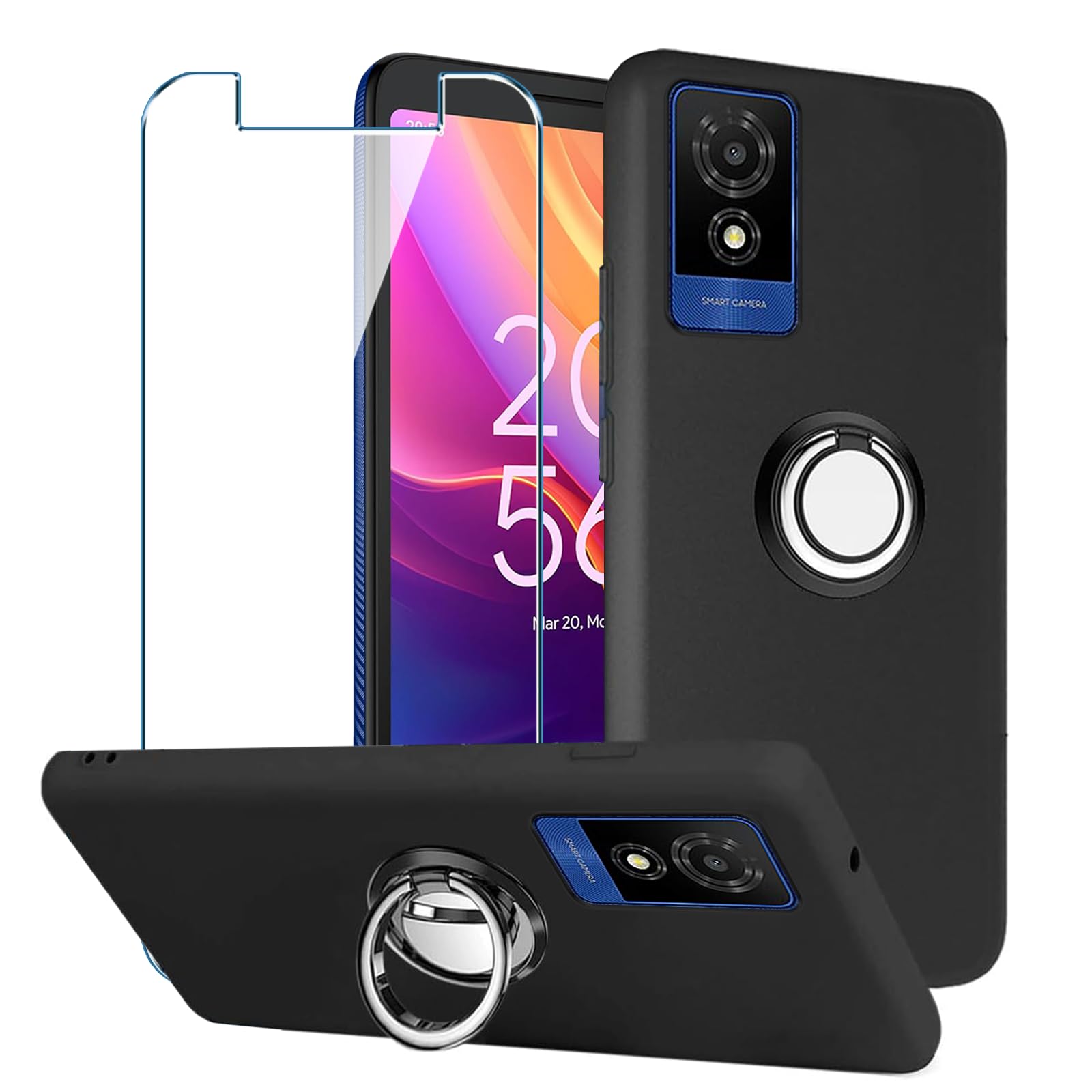 Xiangyun Case for TCL 501 (6.0"), With 1 Piece Tempered Glass Screen Protector + 1 X 360 Degree Rotation Finger Ring Holder, Shockproof Slim Soft TPU Anti-Scratch Phone Case, Black