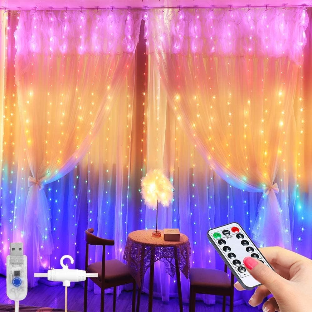 AIGUMI Curtain Fairy Lights, 3m×3m 300LED Christmas Hanging Fairy Lights, Curtain Lights Indoor with 8 Modes Remote Control, Waterproof Fairy Light Curtain for Christmas Party Bedroom (Multi-Colored)