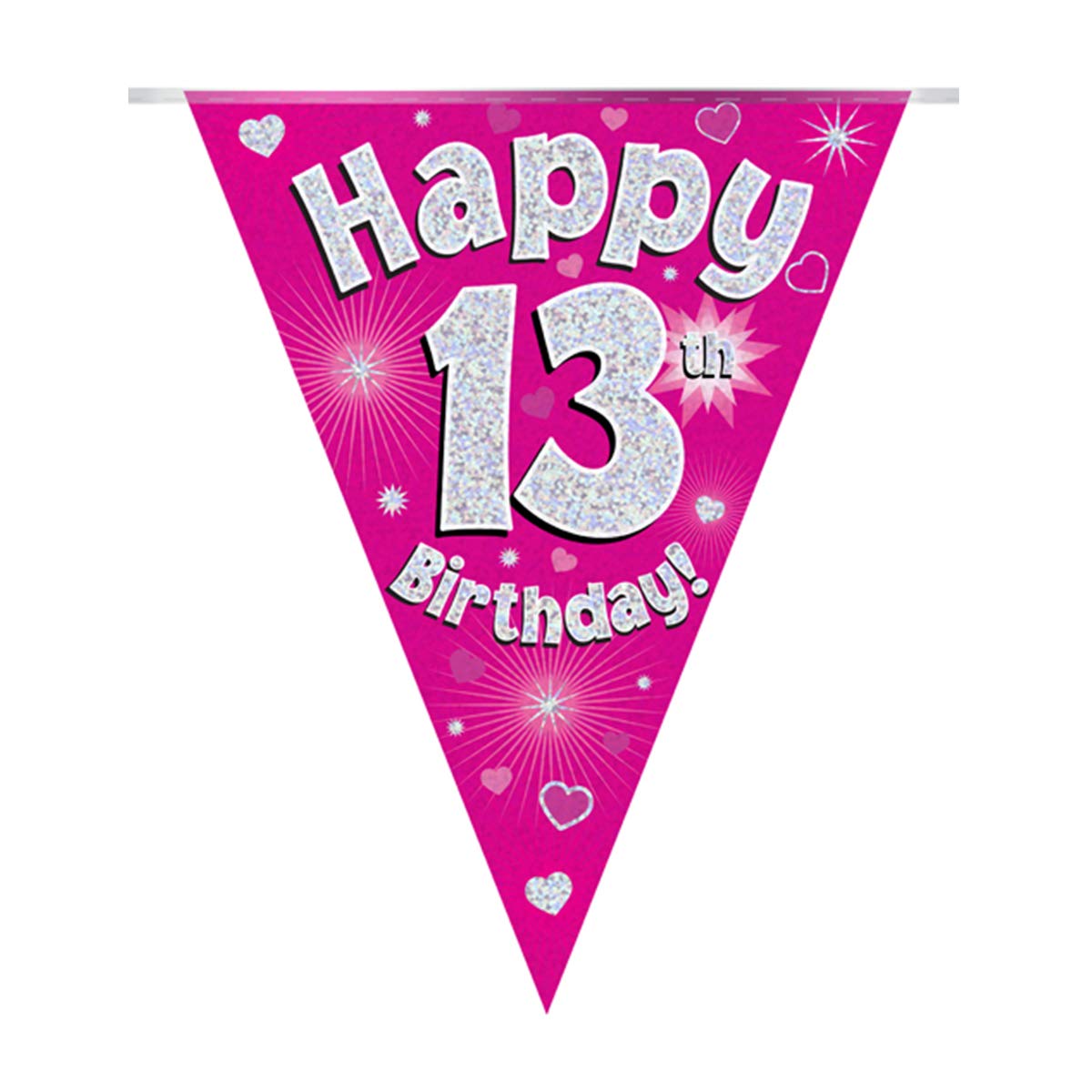 Party Bunting Happy 13th Birthday Pink Holographic 11 flags 3.9m