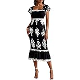 winkbay Women's Floral Print Ruffle Midi Dress Elegant Square Neck Cap Sleeve Fishtail Bodycon Dresses