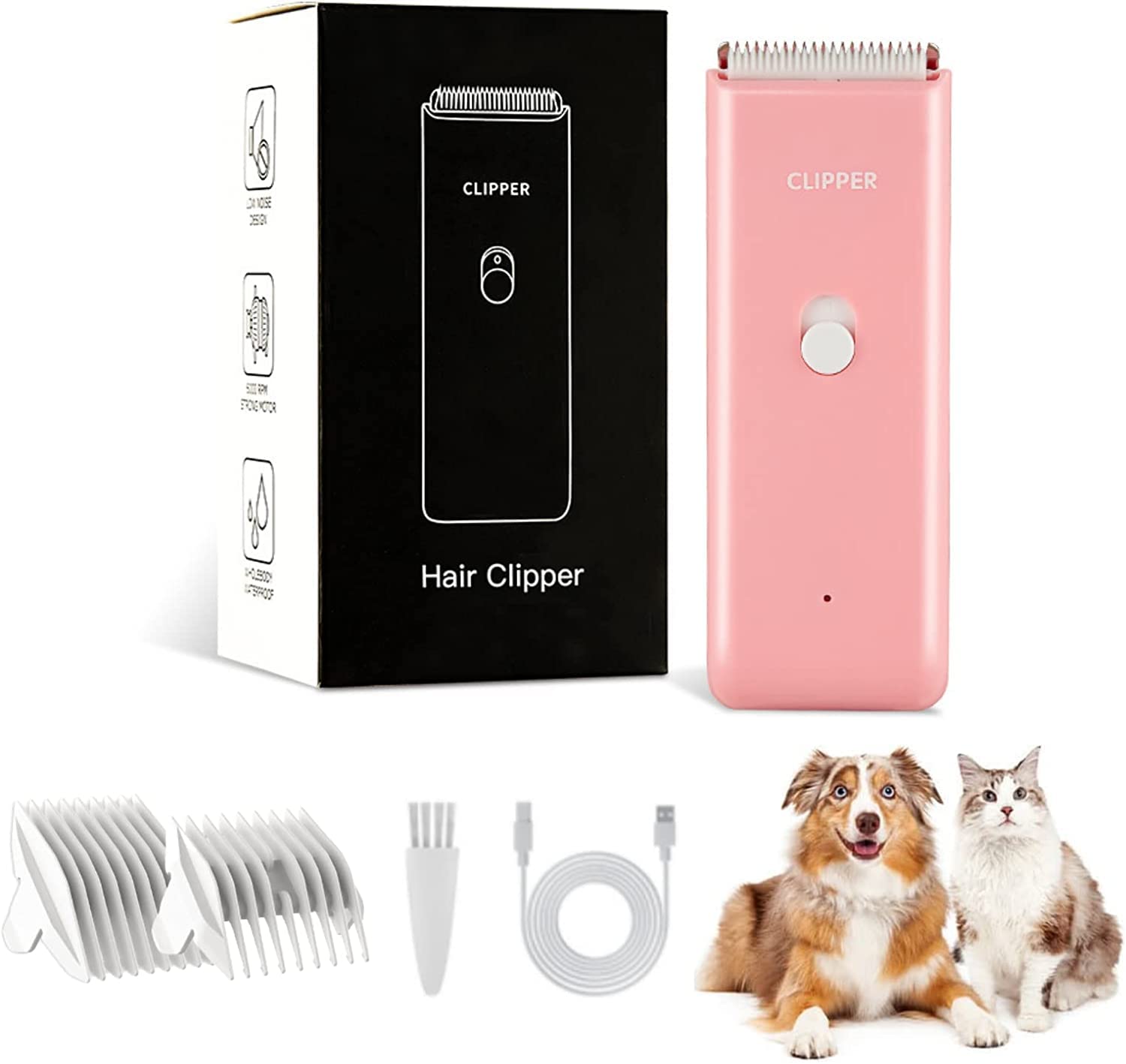 Cat Grooming Kits Professional Dog Clippers for Pet Hairs, Low Noise Dog Clipper Grooming Kits Rechargeable & Cordless Pet Hair Clippers Shavers for Puppy, Rabbits, Cats,Pink