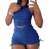 PYAEAS Summer Two Piece Outfits for Women, Casual Stretchy Ribbed Tank Crop Top Ruched Shorts Set Workout Tracksuits