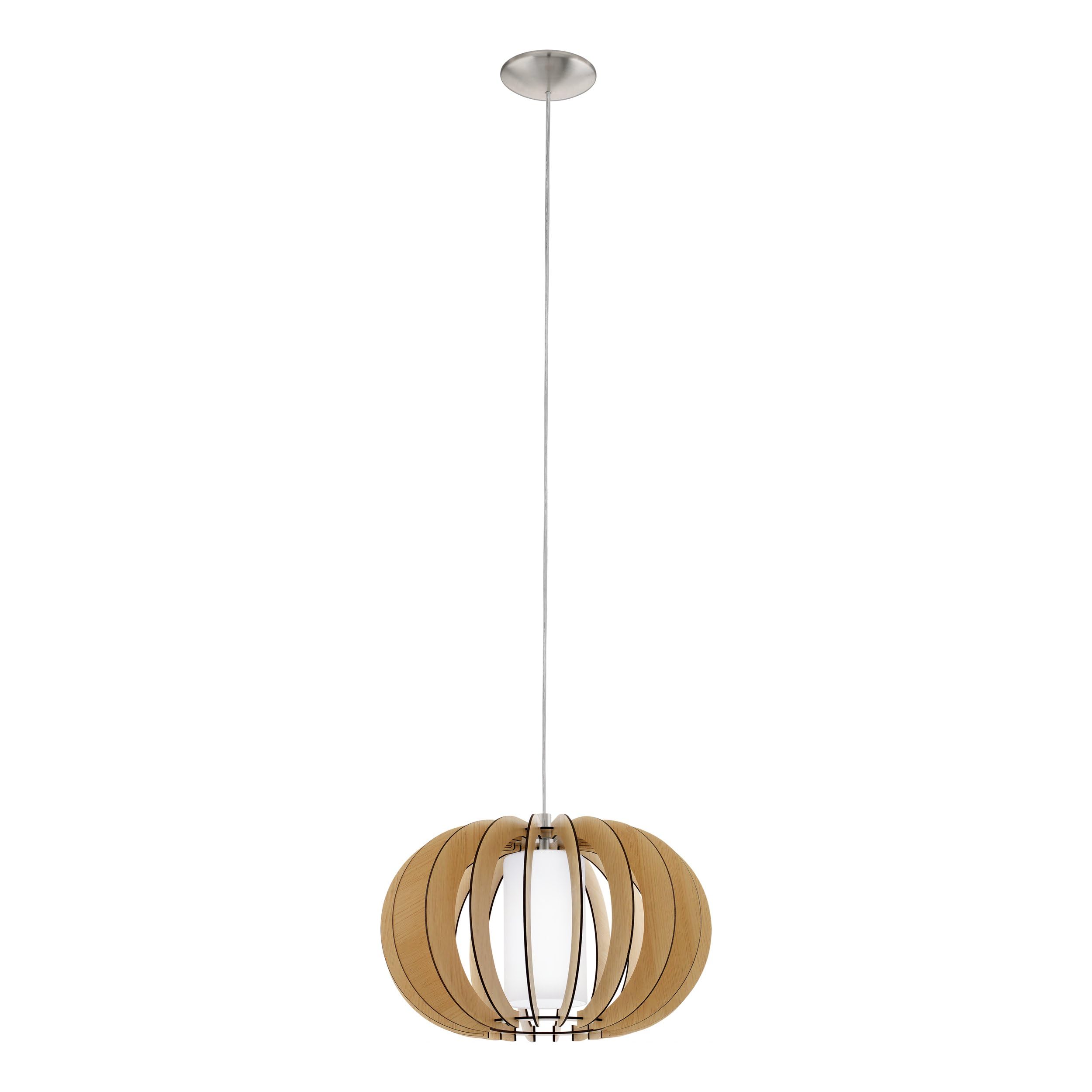 EGLO Stellato 1 Pendant Light, 1-Bulb Vintage Modern Pendant Light Made of Steel, Wood and Glass in Matt Nickel, Maple, White, Dining Table Lamp, Living Room Lamp Hanging with E27 Socket, Diameter 40