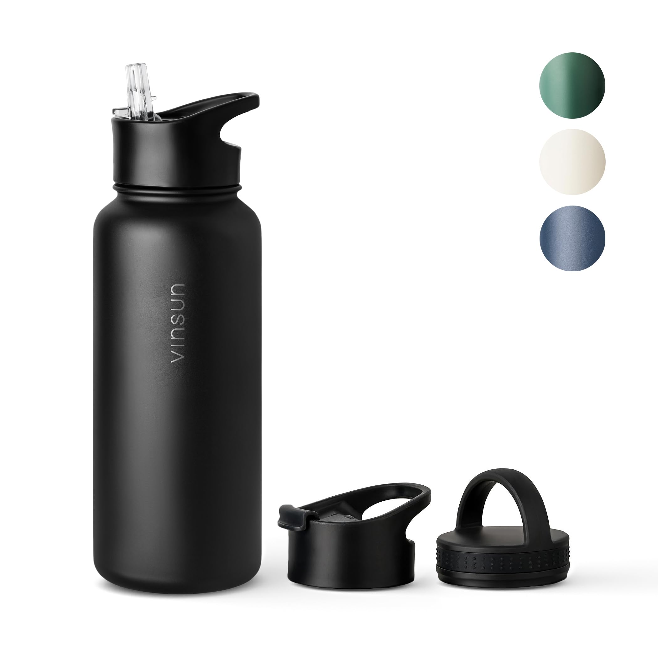 VINSUN Stainless Steel Water Bottle Black 1L - 3 Lids - Leakproof, Carbonic Acid Suitable, BPA Free - Lightweight Thermo Bottle for Sport, Outdoor, School, Bike, Office, Gym — image 1