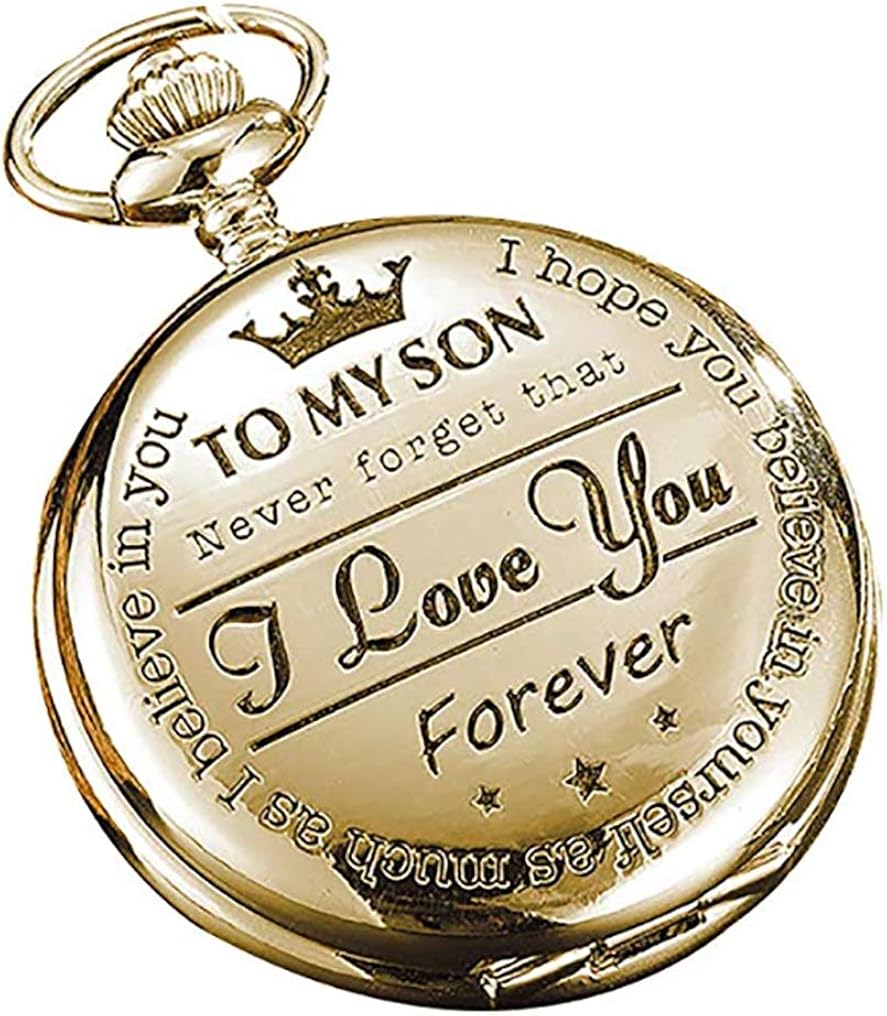 eBoutik, ‘to My Son’ Pocket Watch, Classic Vintage Fob Watch with Chain, Quartz Pendant Timepiece
