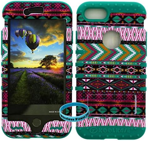 iPhone 7 Case, Hybrid Tough Armor Shockproof Impact Kickstand Cover On New Tribal Aztec Over Skin for iphone 7 - Wireless Fones TM Wristband Included. (new tribal aztec/teal)