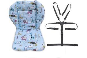 twoworld Baby High Chair Seat Cushion Liner Mat Pad Cover Resistant and High Chair Straps (5 Point Harness) 1 Suit (Blue Animal)