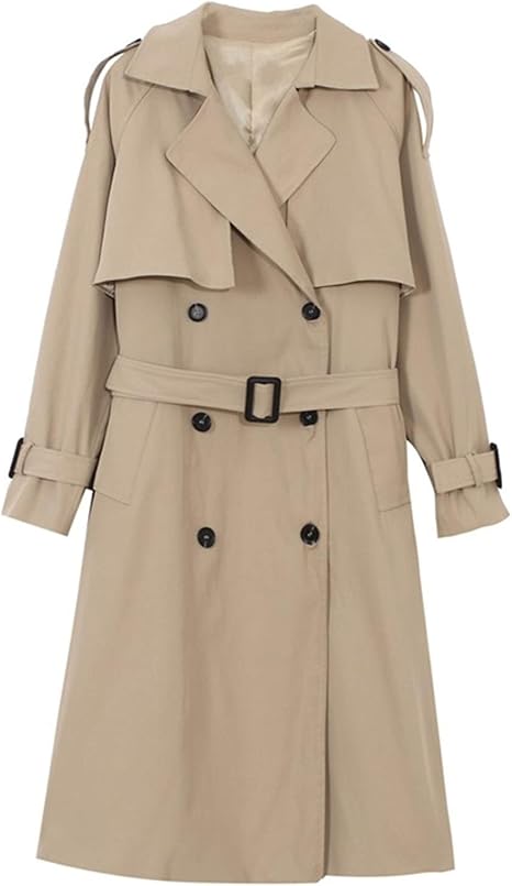 Amazon Co Jp 春秋の長い女性のトレンチコートダブルブレストベルト付きストームフラップカーキドレスルースコートレディアウターウェア High End Color Khaki Size S ホーム キッチン