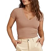 Tankaneo Womens Crop Tops Ribbed V Neck Short Sleeve Summer Basic Tees Slim Fit Y2k Shirts
