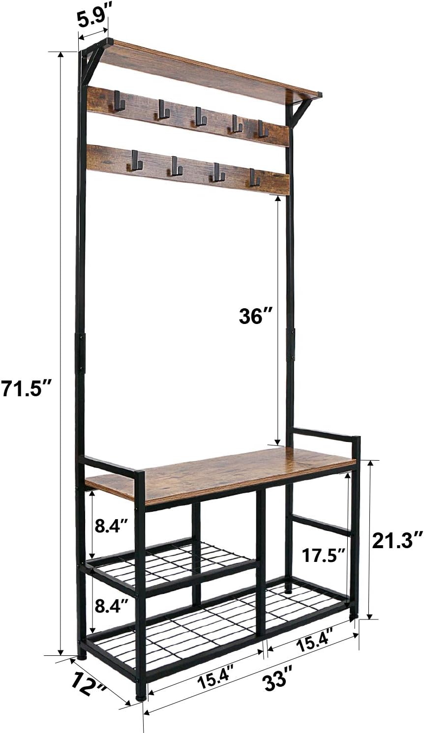 HOMEKOKO Coat Rack Shoe Bench, Hall Tree Entryway Storage Bench, Wood Look Accent Furniture with Metal Frame, 3-in-1 Design (Rustic Brown): Home & Kitchen