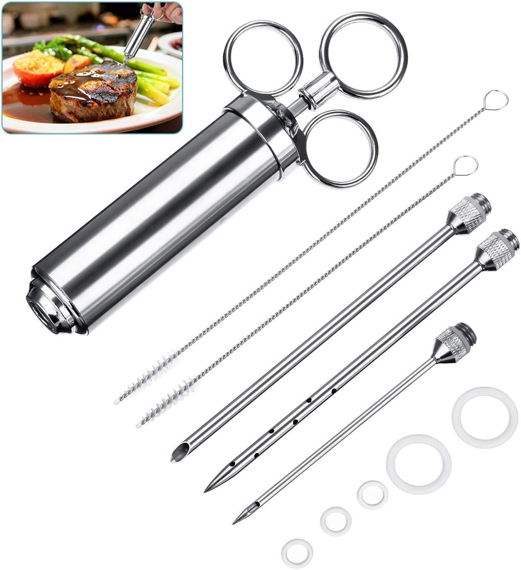 Charminer BBQ Bratenspritze 60ml mit 3 Nadeln,Marinadenspritze aus Edelstahl 304 Gewürzspritze Grill Reinigungsbürste Küchenhelfer für Fleisch Huhn Rind Gebäck mit Marmelade (Silber)