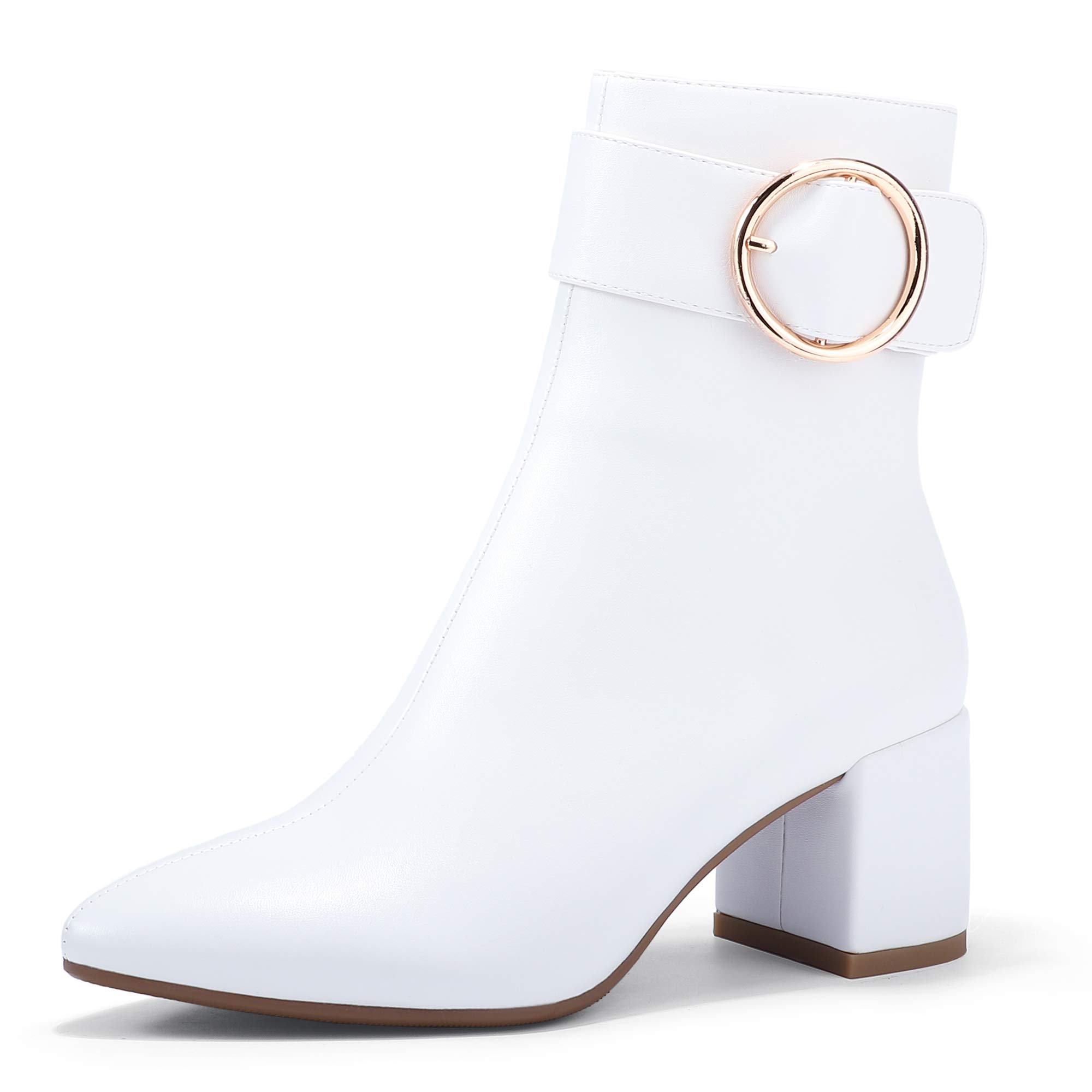 IDIFU Women Dressy Chunky Heel Ankle Boots Pointed Toe Metal Ring