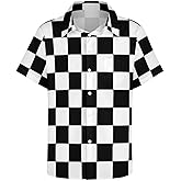 Ykklima Black White Race Checkered Flag Pattern Men's Short Sleeve Casual Loose Button Down Shirt Hawaiian Beach Shirt