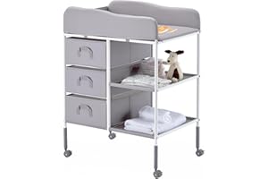 VEVOR Baby Changing Table, Portable Diaper Change Station with 3 Fabric Drawers and Lockable Wheels, Adjustable Height Multi-