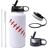 32 oz Baseball Water Bottle, Wide Mouth Sports Flask Metal Travel Tumbler with 2 Lids, Stainless Steel Double Wall Vacuum Insulated Thermo Water Bottles, Baseball Accessories Gifts for Mom Boys Girls