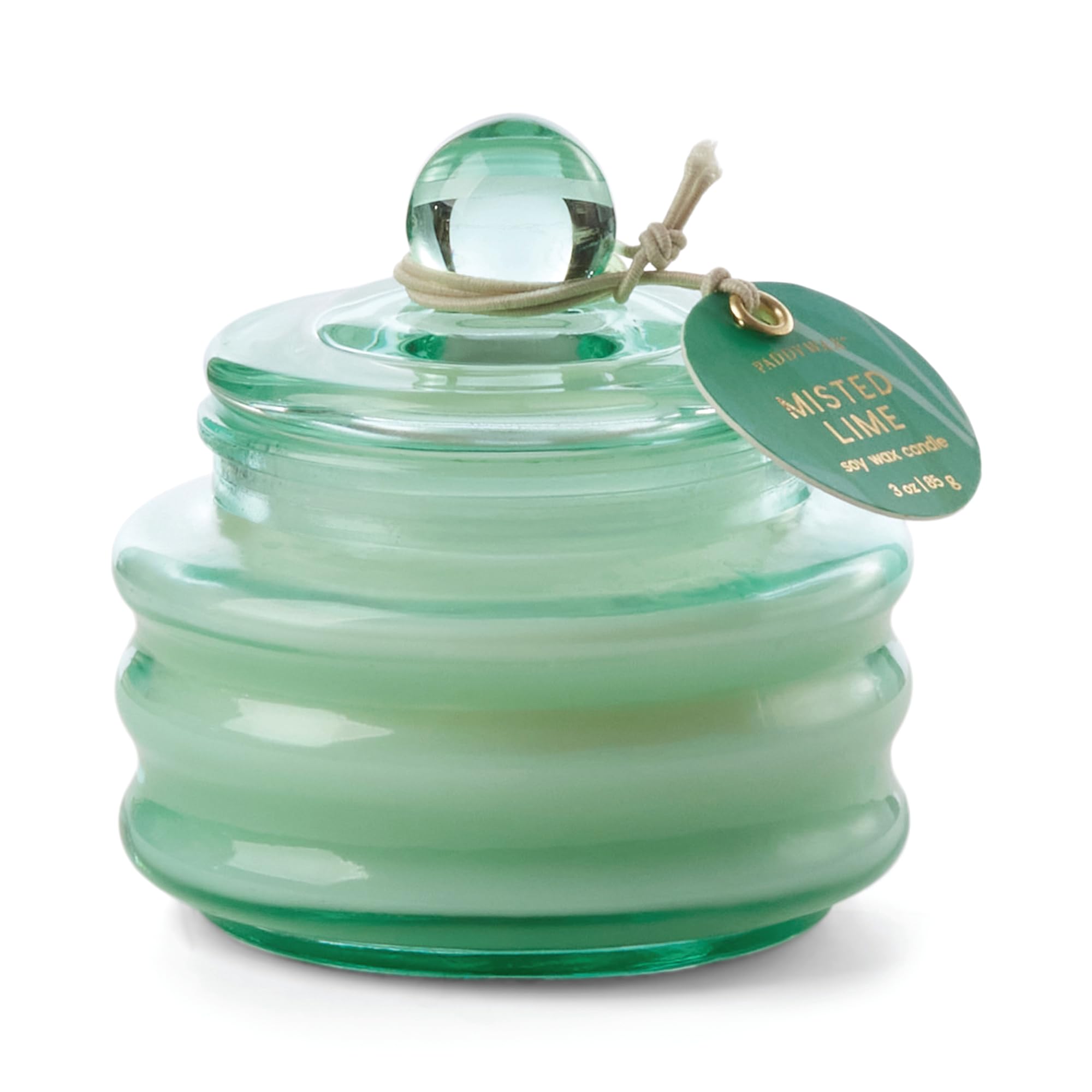 Paddywax Scented Candles Beam Collection Small Artisan Luxury Glass Jar Candle with Lid, 85g, Bright Green - Misted Lime