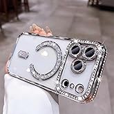 Magnetic Clear Glitter Case for iPhone 17 Pro Max,[Compatible with Magsafe],Cute Sparkly Bling Diamond Camera Lens Protector Soft Plating TPU Bumper Women Girls Phone Case for iPhone 17 Pro Max,Silver