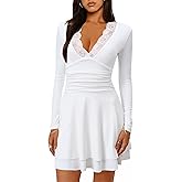 HYPERFIRE Women's Ruched Lace V Neck Long Sleeve Mini Dress Flowy Short Dresses Party Club