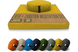 Bean Products Meditation Cushion Mat Set - Zafu Floor Pillow Organic Buckwheat Pillow + Cotton Filled Zabuton Prayer Pad - Meditation Pillow Yoga Knee Pad - Made in USA - 14" Round or 18" Oval