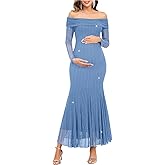 CYCLAMEN Sparkly Maternity Dress for Baby Shower Off The Shoulder Long Sleeve Mermaid Pregnancy Gown with Flowy Tail Hem