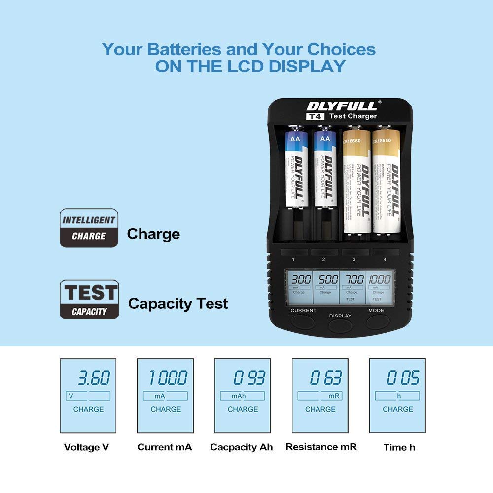 Dlyfull Speedy Universal Battery Charger with LCD Display 4-Slot Multifunctional Smart Battery Charger for NiMH NiCD AA AAA C SC & 18650 18490 14500 10400 17500 17355 16340 26650 26500 22650 Batteries