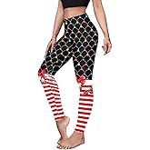 Roevite Women's High Waist Christmas Leggings Striped Reindeer Sknowflake Printed Holiday Tights