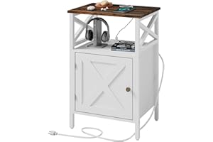LDTTCUK Side Table with Charging Station, End Table with Power Outlet & USB Ports, Nightstand with 2 Tiers Storage Space and Storage Cabinet, Sofa Side Tables for Bedroom, Living Room,Office,White