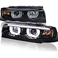 Spec-D Tuning Glossy Black Smoke Dual Halo LED Projector Headlights Compatible with 1995-2001 BMW E38 7-Series, Left + Right Pair Headlamps Assembly