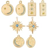 Beebeecraft 1 Box 8Pcs 4 Style Star Moon Charms 18K Gold Plated Stainless Steel Flat Round Rectangle Rhinestone Pendants Charm for Earring Necklace Bracelet Jewelry Making