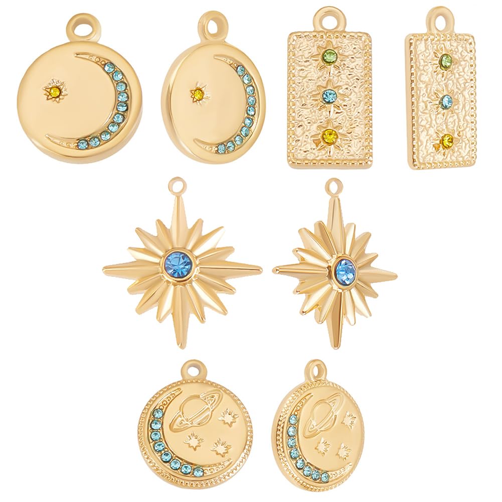 Beebeecraft 1 Box 8Pcs 4 Style Star Moon Charms 18K Gold Plated Stainless Steel Flat Round Rectangle Rhinestone Pendants Charm for Earring Necklace Bracelet Jewelry Making
