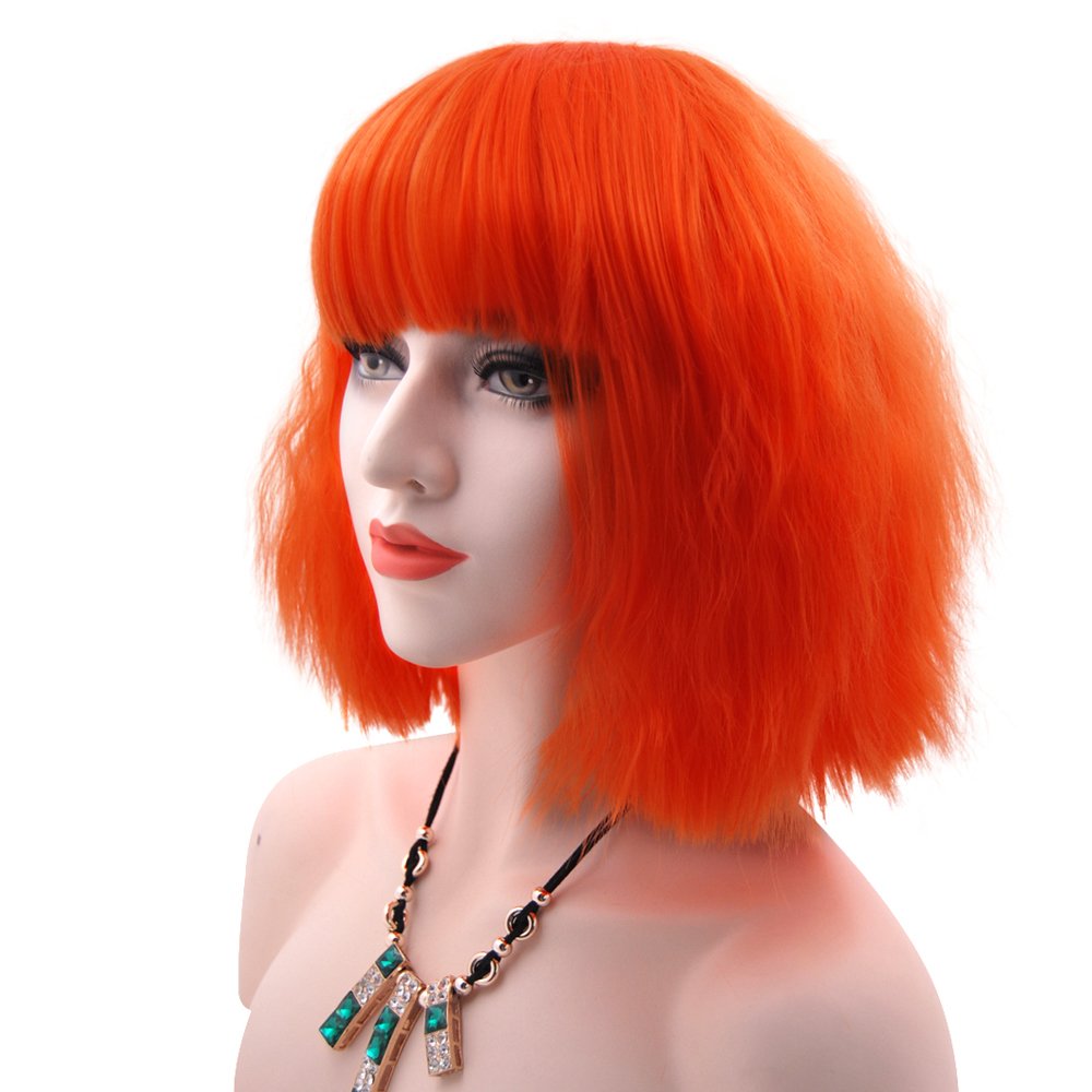 eNilecor Women Short Bob Fluffy Hair Full Wigs with Bangs Heat Resistant Kinky Straight Custom Cosplay Party Wigs (Orange)