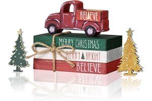 SM:)E Smile Christmas Wooden Books Stack, Blieve Merry Bright Faux Books Bundle, Red Car Golden Trees Tiered Tray Decorations, for Home Table Mantle Shelf.