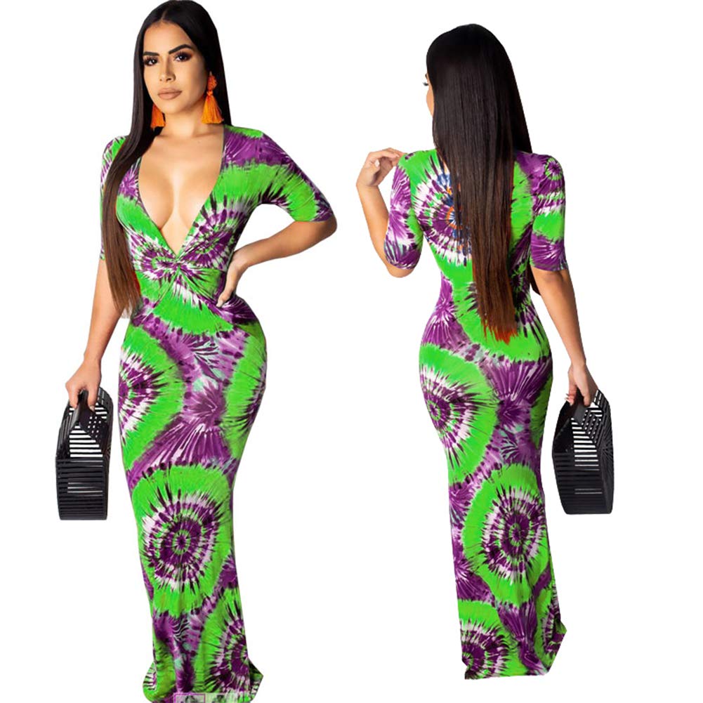 Choichic Women\'s Summer Bodycon Maxi Dress - Sexy Deep V Neck Short Sleeve Tie Dye Dresses Large Green