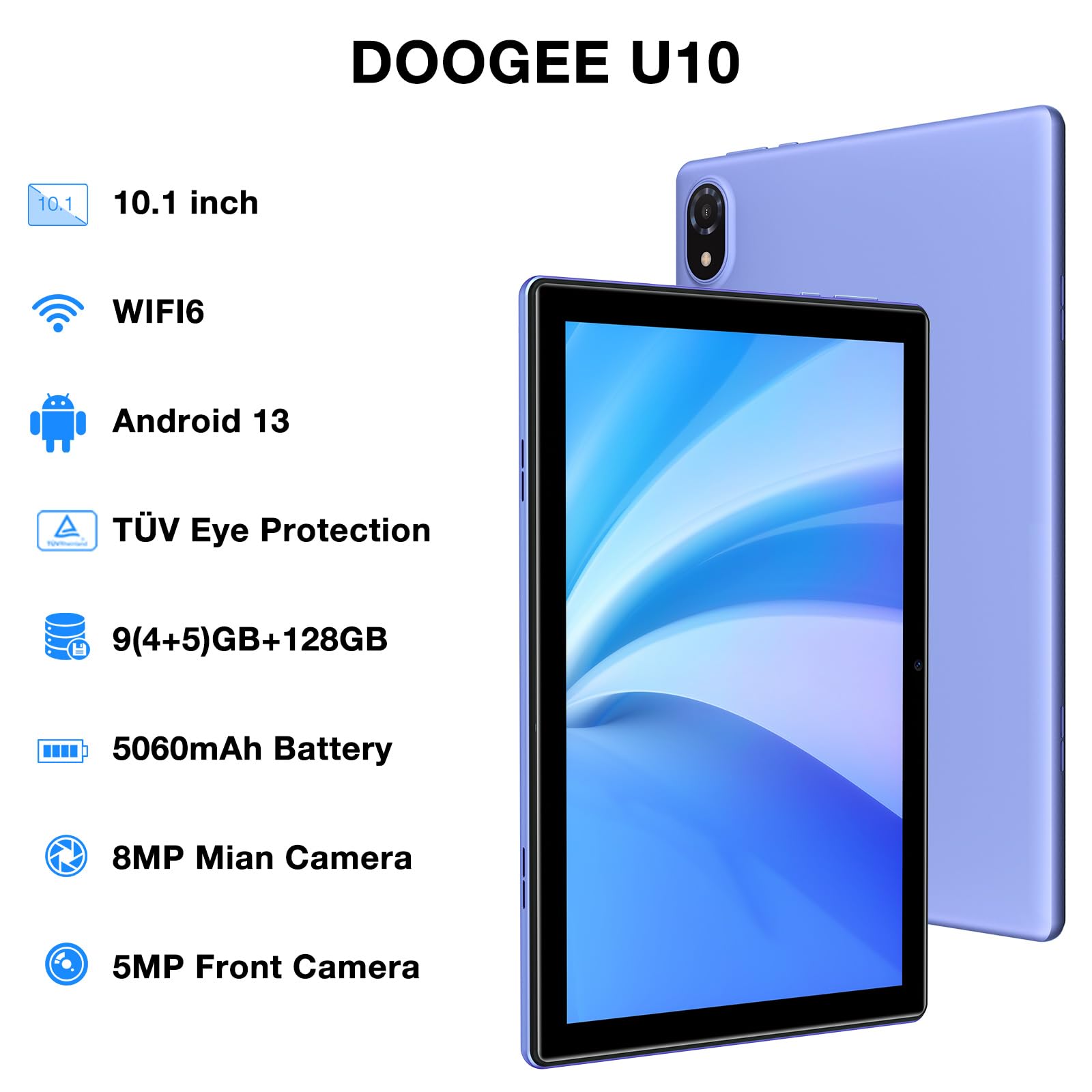 DOOGEE U10 Android Tablet, 9GB RAM + 128GB ROM(TF 1TB) Android 13 Tablet Quad-Core 2.0 GHz, 10.1