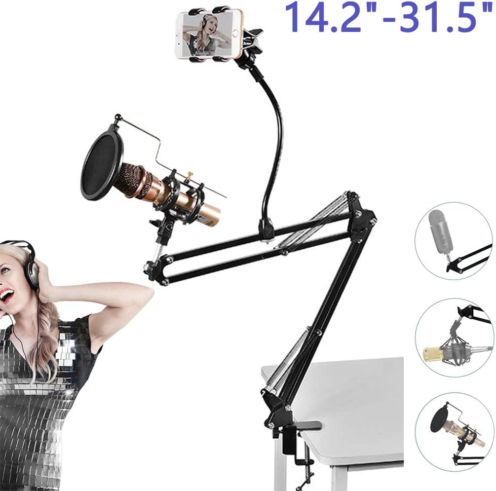 [Upgrade] Professional Microphone Stand & Pop Filter & Mobile Heavy Duty Phone Holder, Suspension Scissor Arm Mic Stand Table Mounting Clamp, for Recordings, Broadcasting, Streaming, Singing
