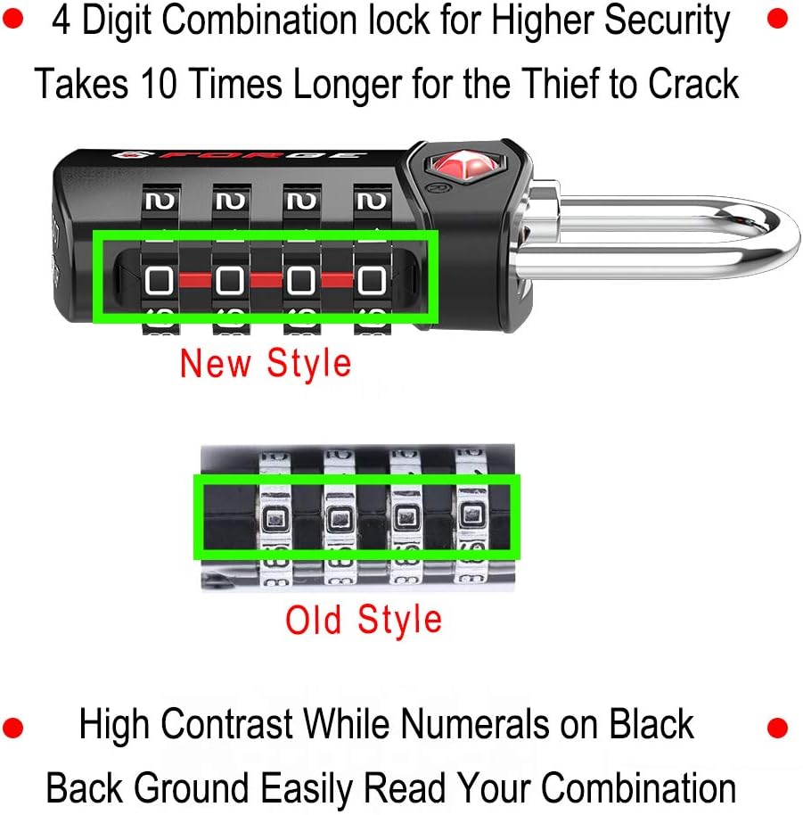  | 4 Digit TSA Approved Luggage Lock, 4 Pack Black, Inspection Indicator, Alloy Body | Luggage Locks