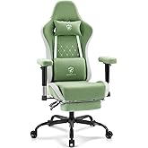 Morkprism Gaming Chair Breathable Fabric,Computer Office Chair with Footrest,Massage Lumbar Support and Gel Pad,Ergonomic Reclining Gamer Chair with Adjustable Armrests and Spring Cushion Green
