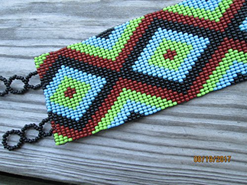 Fair trade wide flat bracelet turquoise brown Diamond geometric hand loom beaded southwest native american design fair trade beadwork seed beads geometric stripe ethnic handmade - Thumbnail 3