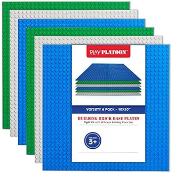 Building Bricks - 10 x 10 Inch Stackable Baseplate - Variety 6 Pack (2 Green, 2 Blue, 2 Gray) Classic Baseplate Compatible with All Major Brands