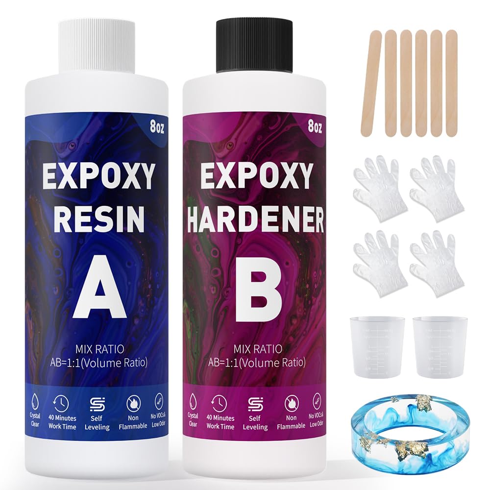 GRLELOU 16 OZ Epoxy Resin, Clear Epoxy Kit 1:1 Mix (8oz×2), Self Leveling, Anti-Yellowing, High Gloss, Fast Cure, Art Resin for Jewelry Making, Molds, Casting, DIY Art Crafts