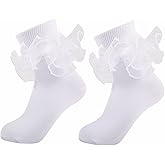 MKYSZLT 2 Pairs Girls Ruffle Socks Toddler Girl Frilly Dress Socks Fold Double Lace Big Ruffles Church Fancy Sock Little Kids