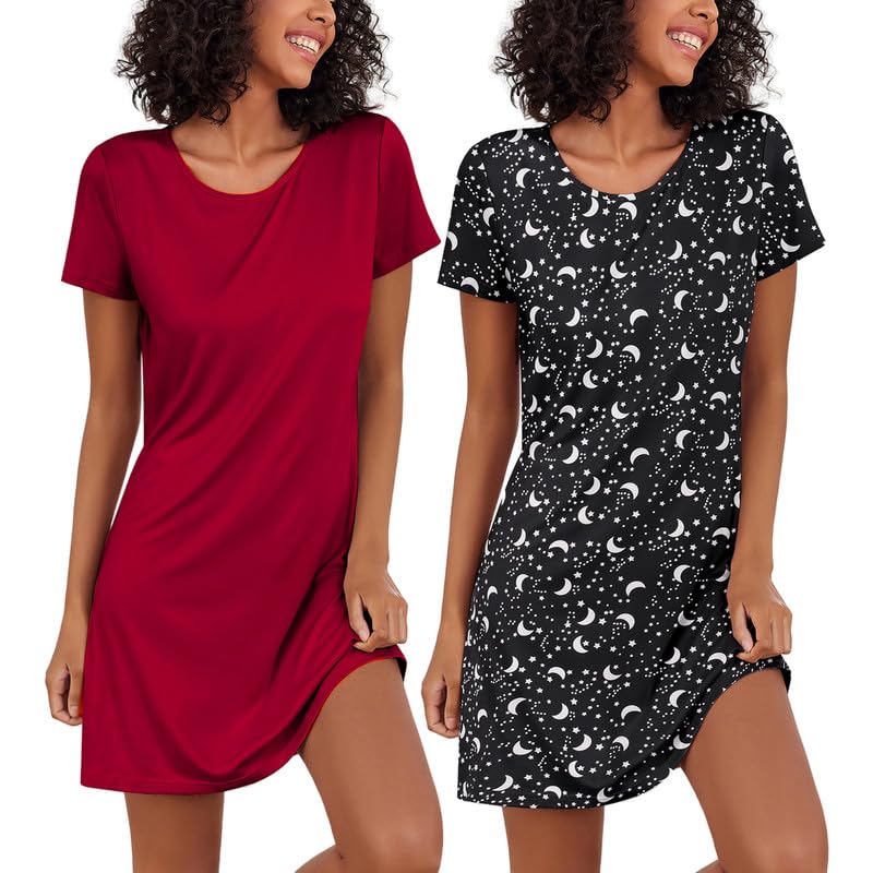 Ekouaer 2 Pack Nightgowns for Women Sleepshirt Short Sleeve Night Shirts Soft Sleep Dress Classic NightDress (Black Star+Wine Red, Small)