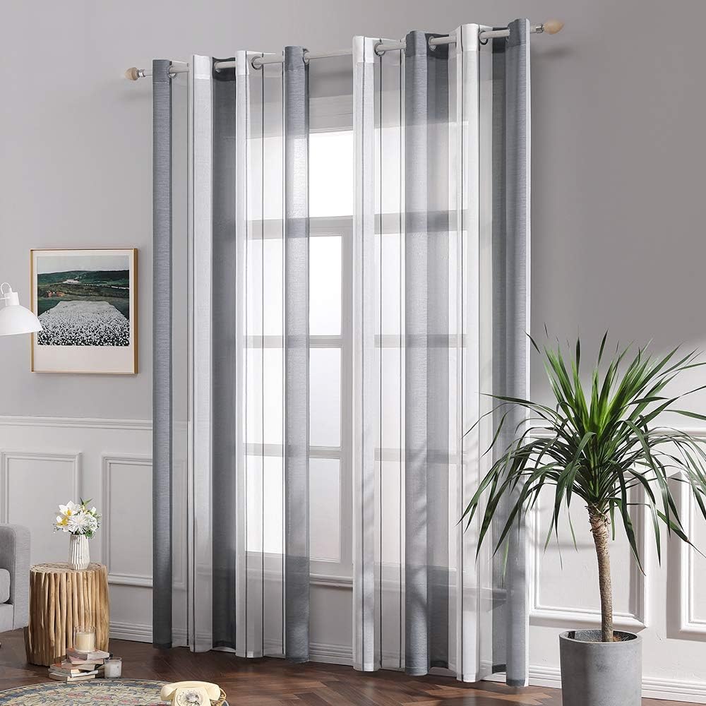 MIULEE Voile Curtains Semi Transparent Soft Elegant Decorative Classic Striped Curtain Translucent Eyelet Top Window Curtain Polyester for Bedroom Living Room 2 Panels 55" Wx88 L 140x225cm Silver - Image 3
