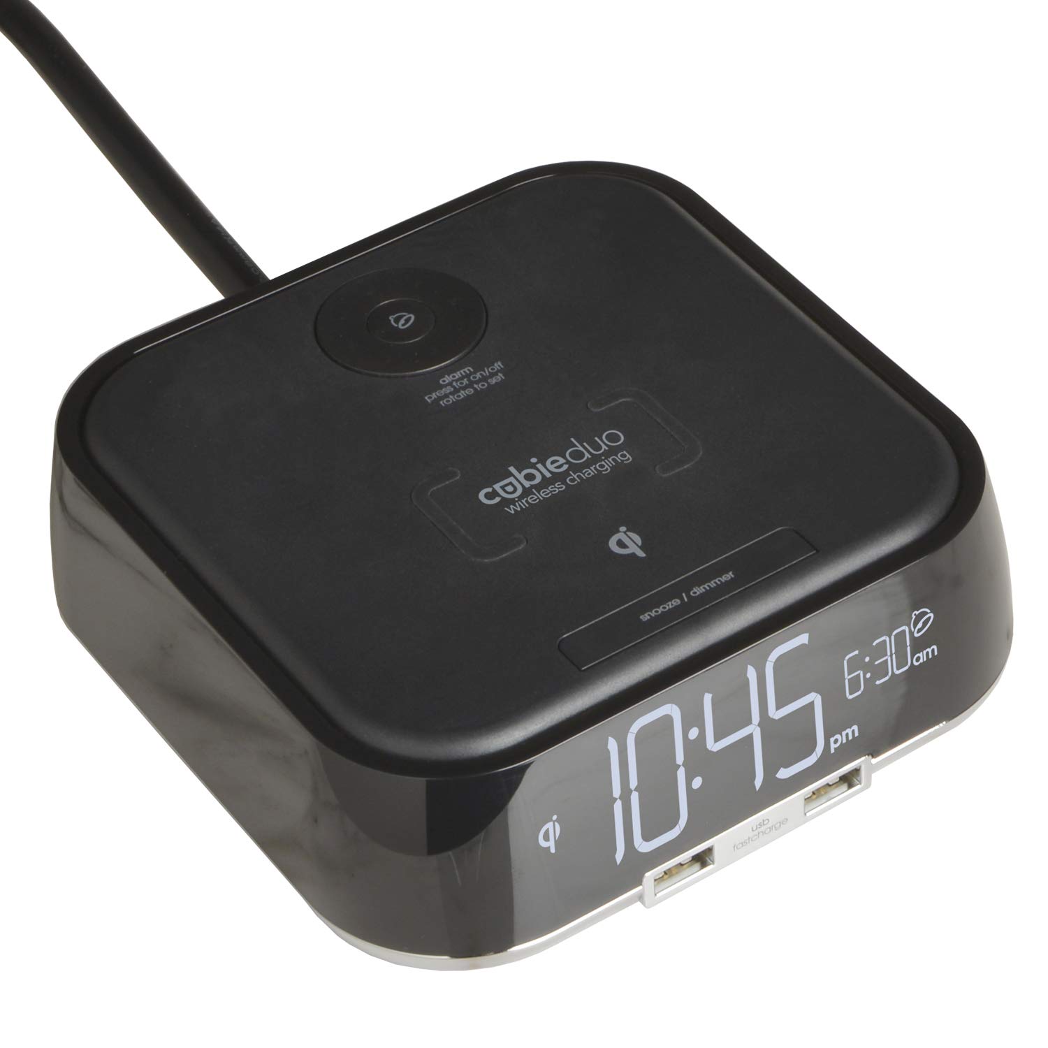 Brandstand CubieDuo UK Digital Alarm Clock with Qi Wireless Charging & Fast Charge USB ports (2 USB-A), Optimized for Tablet Charging, UK Plugs
