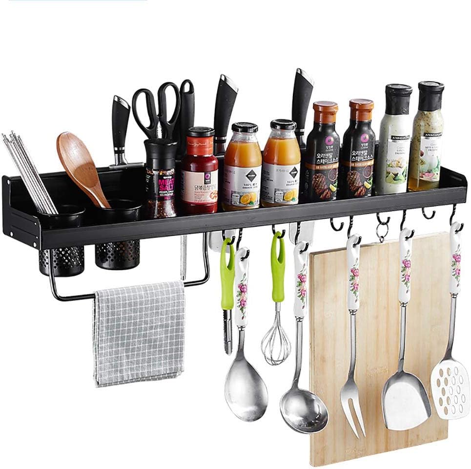 JANRON Pot Pan Rack Hanger Organiser Kitchen Storage Shelf Tray Holder Cooker Shelf,with 10 S-Shape Hooks,Black, Metal - 40/50/60/70/80CM
