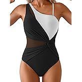 Aidonger One Shoulder One Piece Swimsuit for Women Mesh Tummy Control Bathing Suit Twist Swimwear with Removable Strap